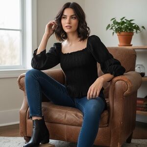 Chic Black Smocked Blouse with Puff Sleeves